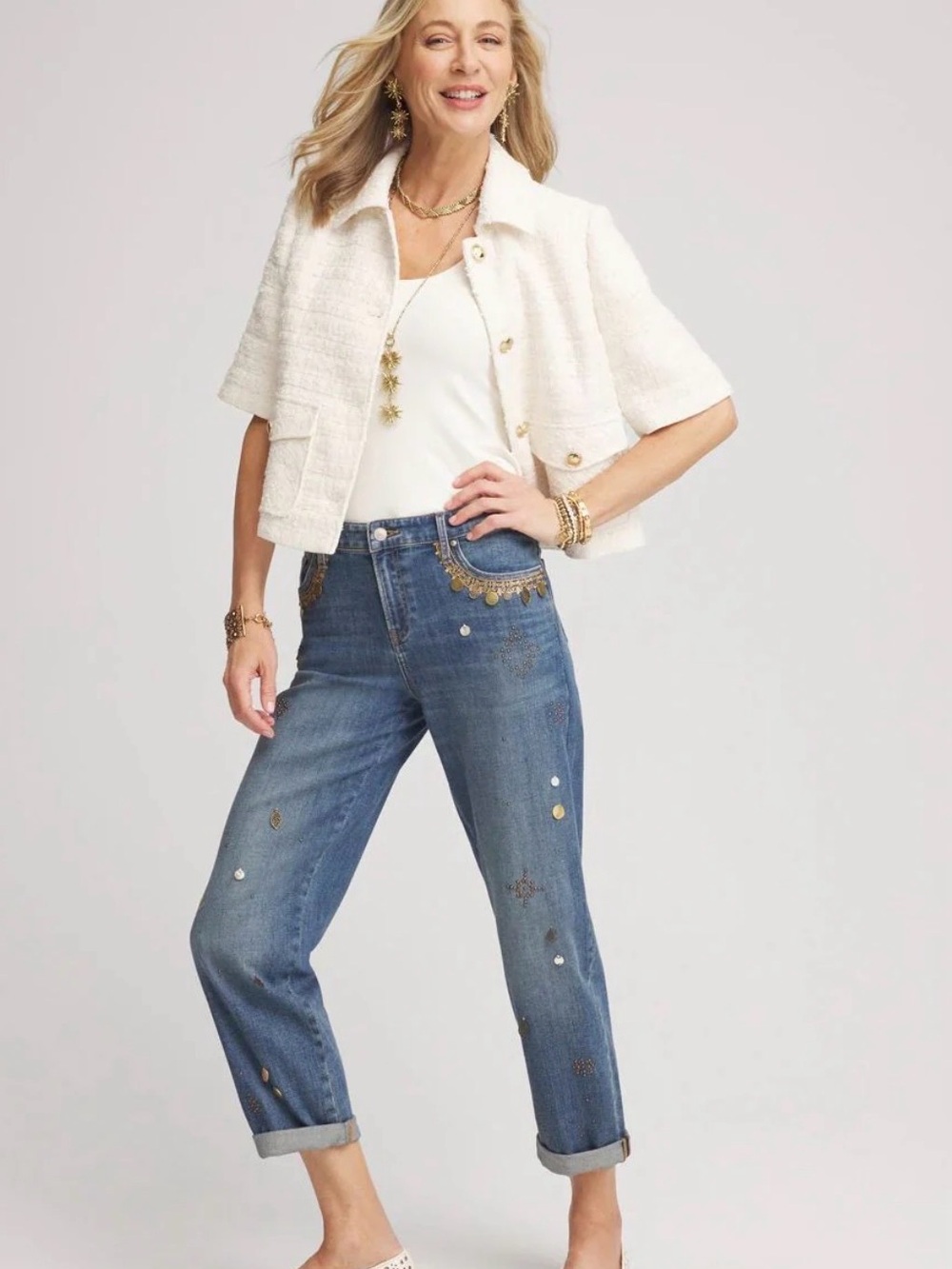 Chico's Embellished Relaxed Boyfriend Jeans Sz 2.5